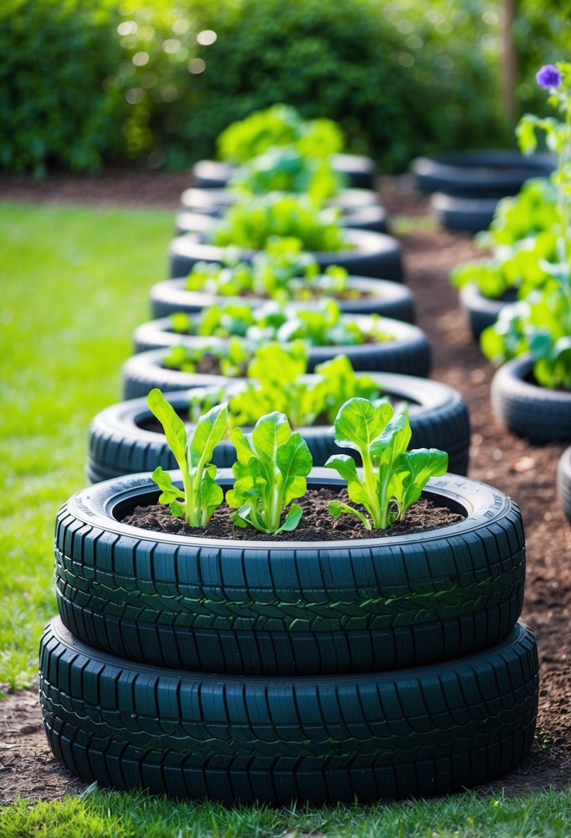 Tires stacked in a row, filled with soil and vibrant vegetables sprouting from them. A creative and inexpensive way to edge a garden bed