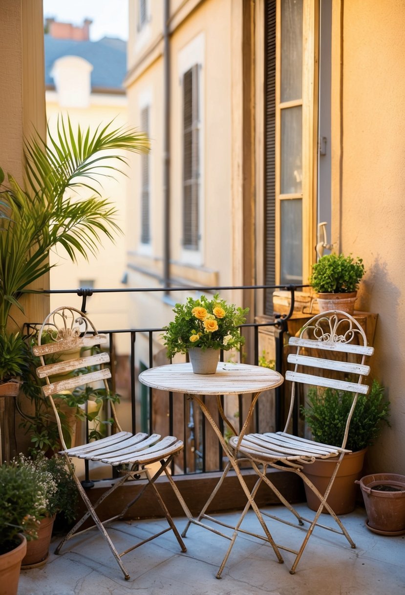 A weathered bistro set sits on a charming balcony, surrounded by potted plants and vintage decor. The scene exudes a rustic, cozy ambiance