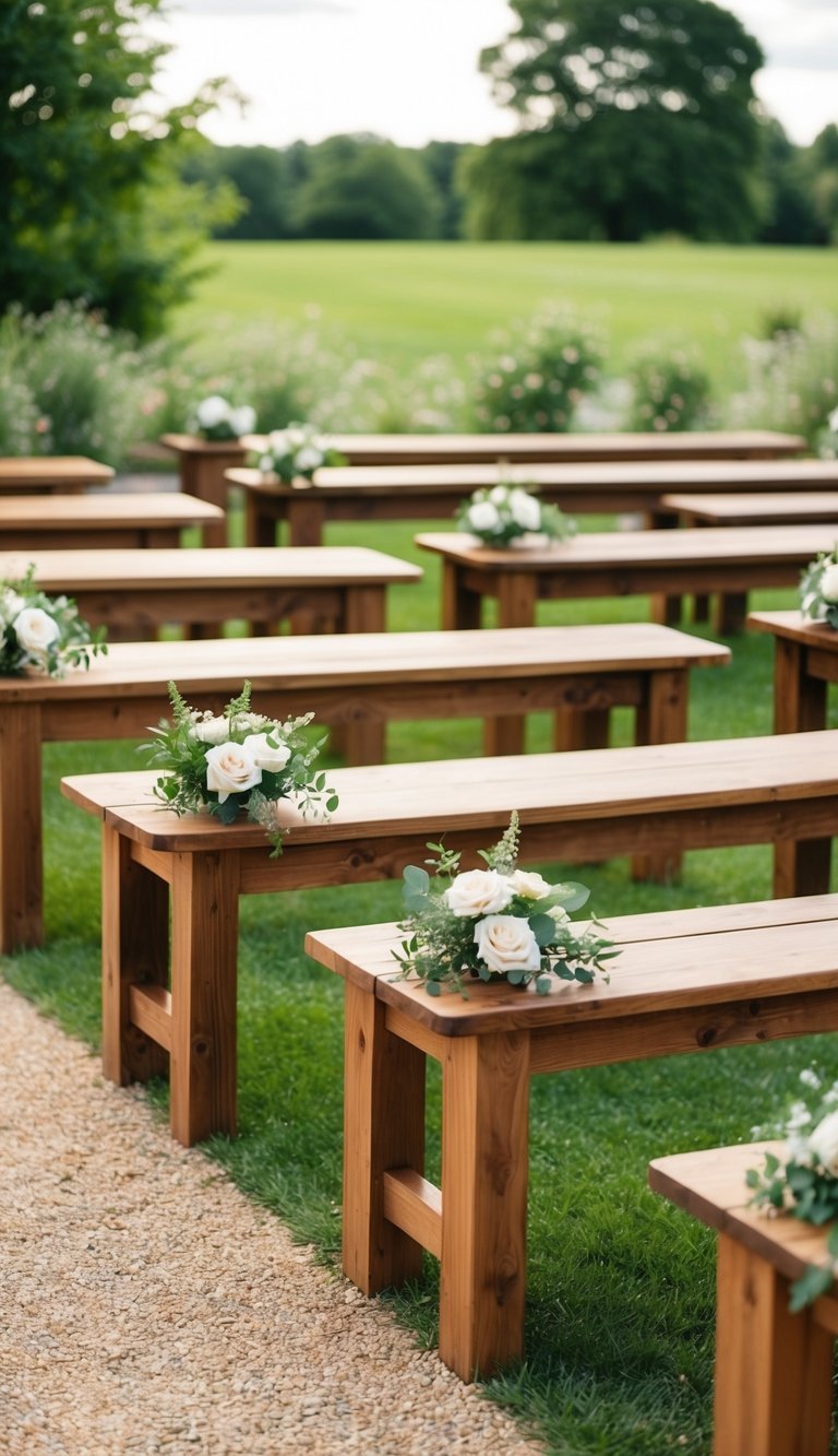 2) Rustic wooden ceremony benches