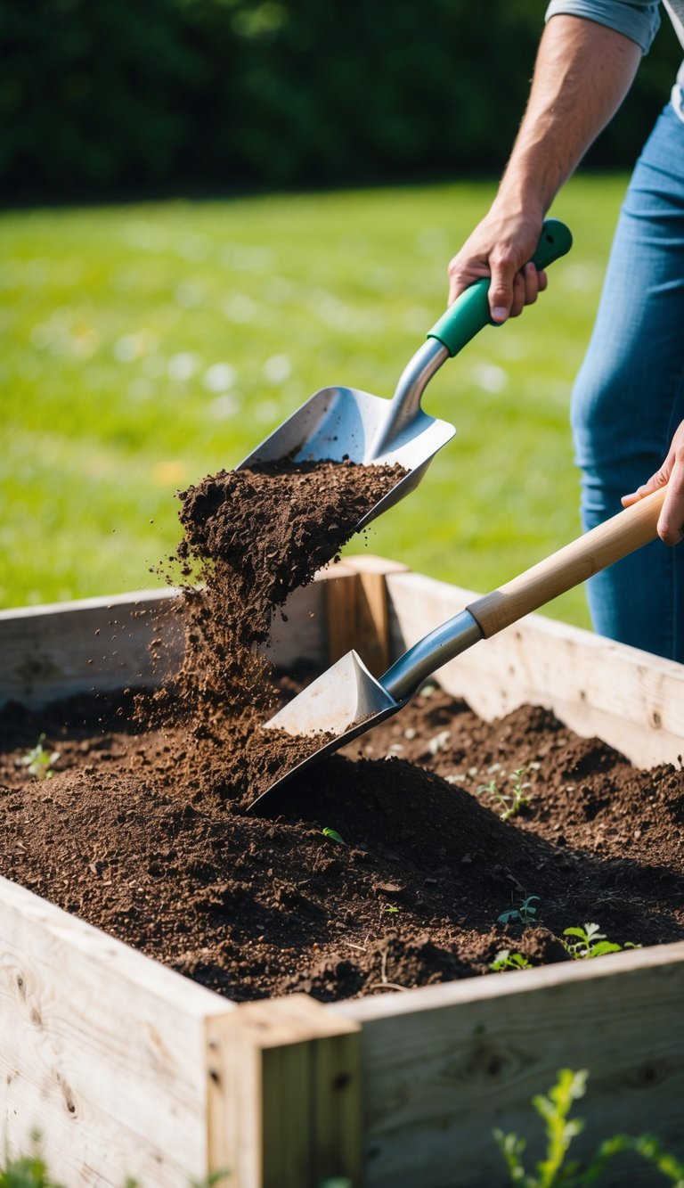 A person pouring soil and compost into a raised garden bed, using a shovel to evenly distribute the mixture