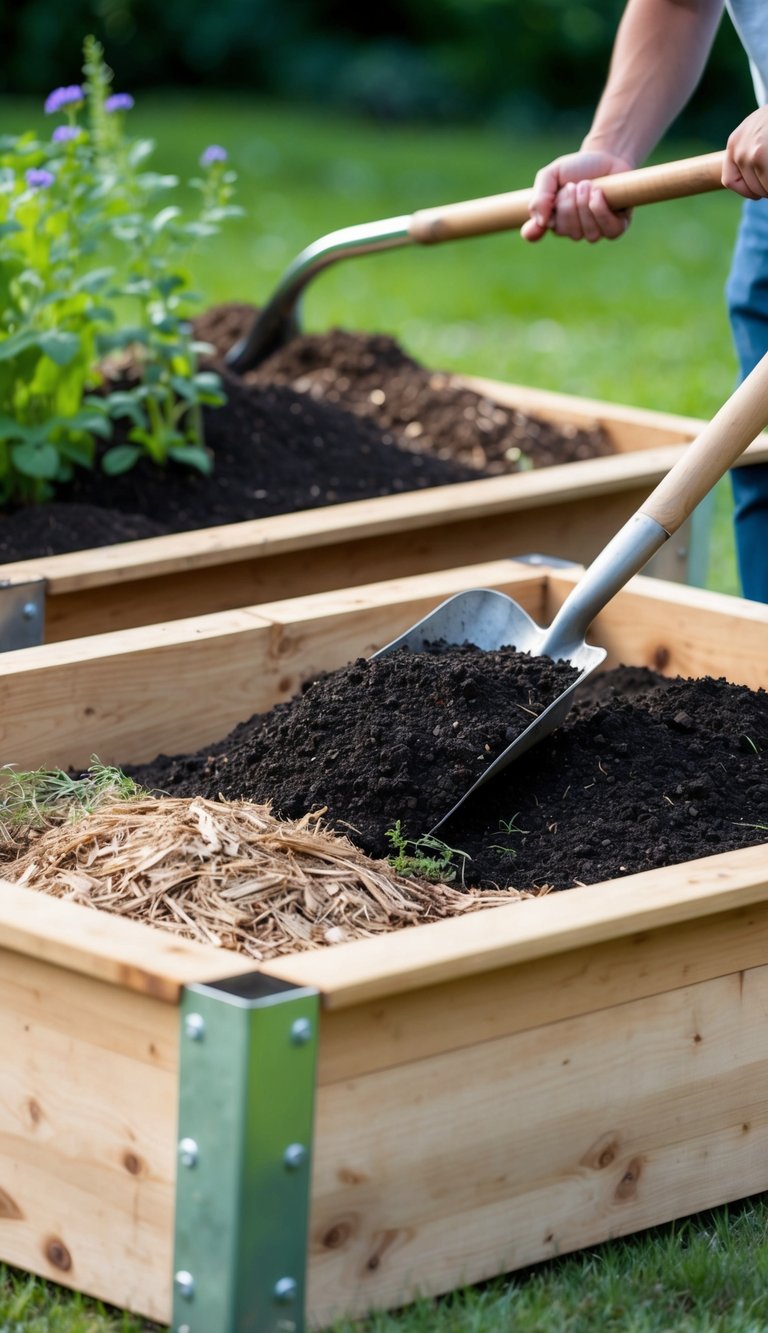 A person filling raised garden beds with soil, compost, and mulch using a shovel and wheelbarrow