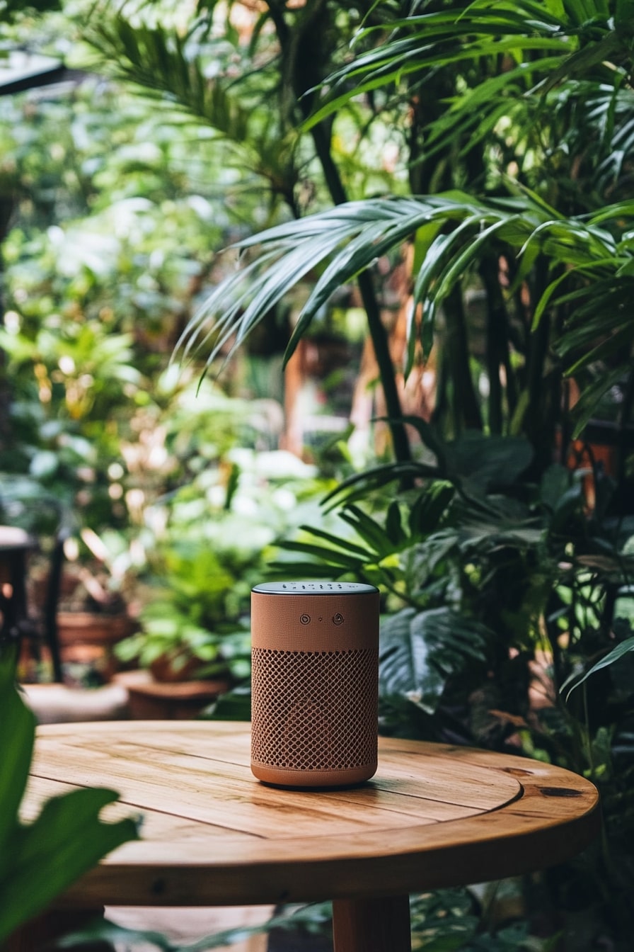 A Bluetooth speaker sits on a table amidst a lush garden setting, softly playing background music for a tranquil garden party