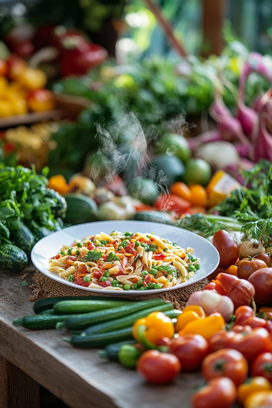 A colorful array of fresh garden vegetables surrounds a steaming plate of Pasta Primavera, set against a backdrop of festive garden party decorations
