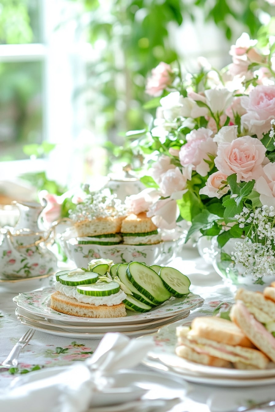 A table set with dainty cucumber sandwiches, delicate flowers, and elegant servingware for a garden party