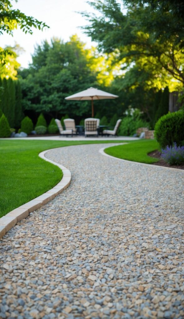 A winding decomposed granite pathway leads to a spacious gravel patio with lush, surrounding greenery