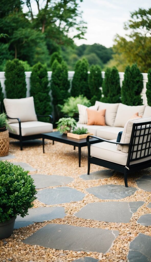 A flagstone and gravel patio with lush greenery and a cozy seating area