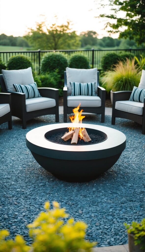A circular gravel patio with a fire pit in the center, surrounded by lush greenery and comfortable seating