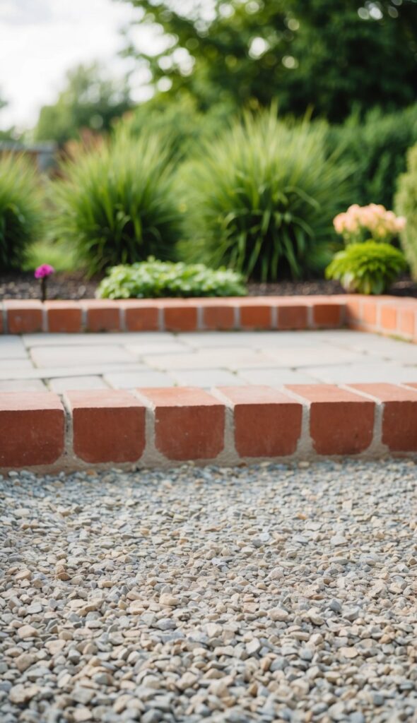A brick-edged gravel patio with defined space and surrounding greenery