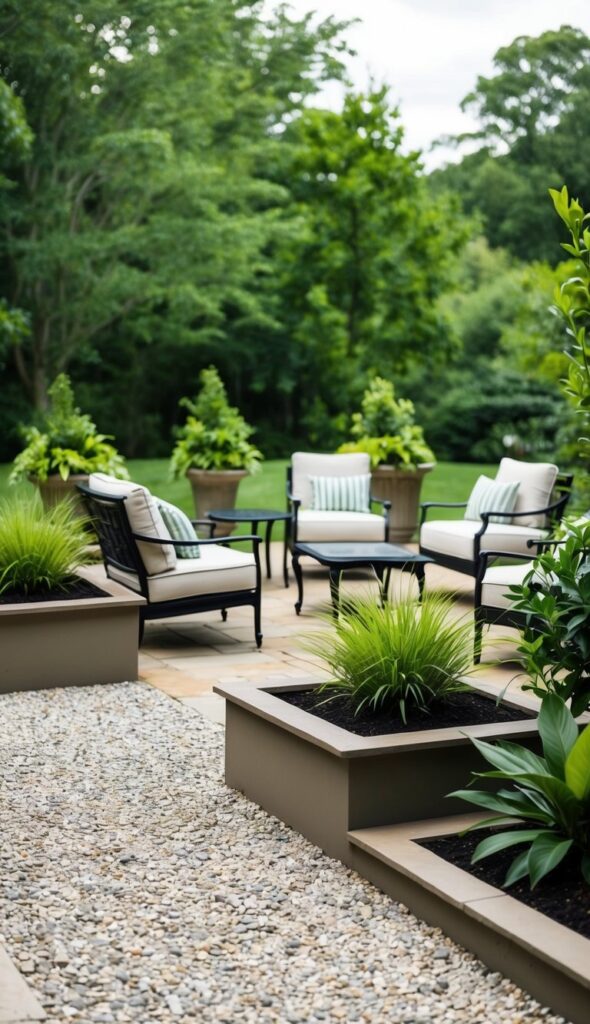 A serene crushed stone patio with raised planters, surrounded by lush greenery and accented with elegant outdoor furniture