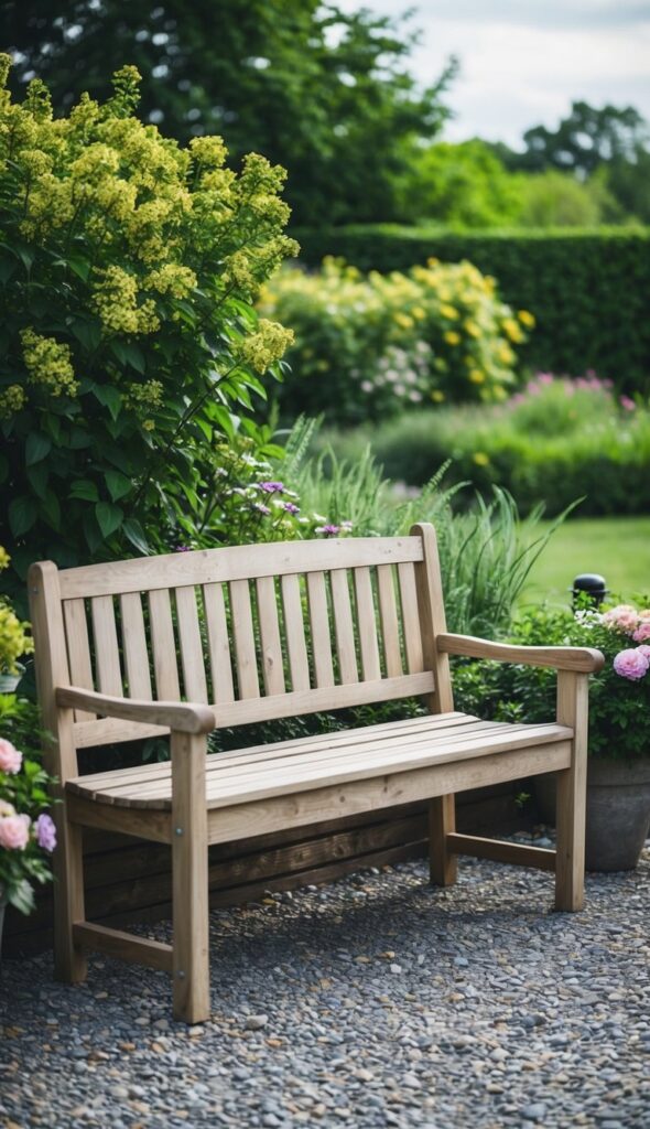 A wooden bench sits on a rustic gravel patio, surrounded by lush greenery and flowers