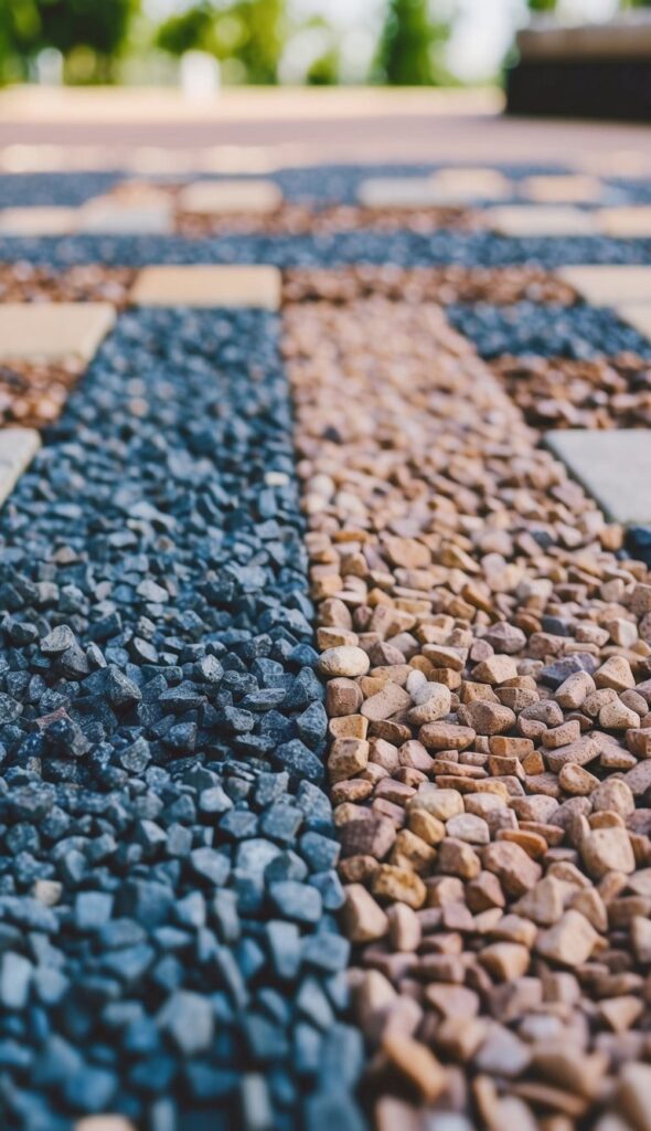 A patio with concrete pavers arranged in a pattern and interspersed with gravel, creating a beautiful and functional outdoor space