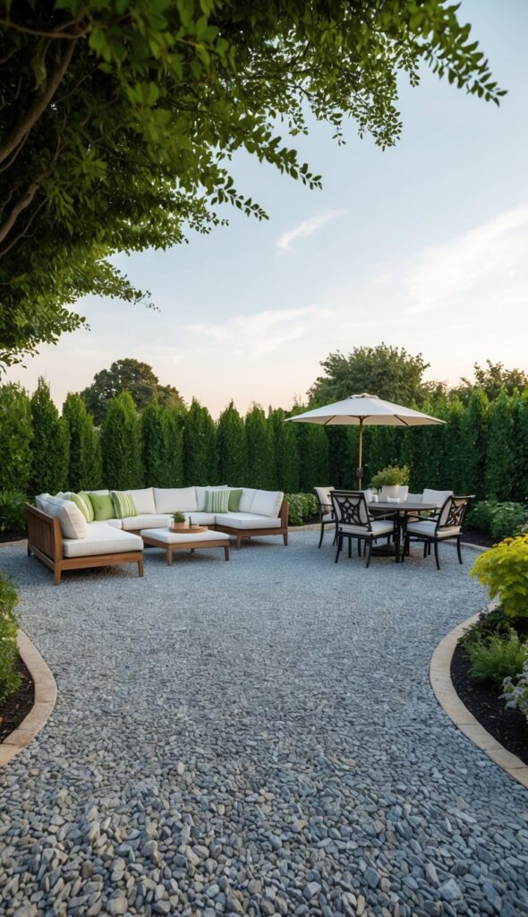 A spacious gravel patio with a permeable base, surrounded by lush greenery and accented with stylish outdoor furniture