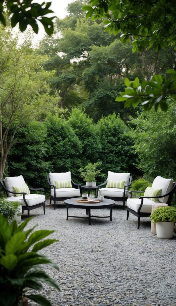 A serene gravel patio surrounded by lush greenery and accented with stylish outdoor furniture, creating a harmonious and inviting outdoor space