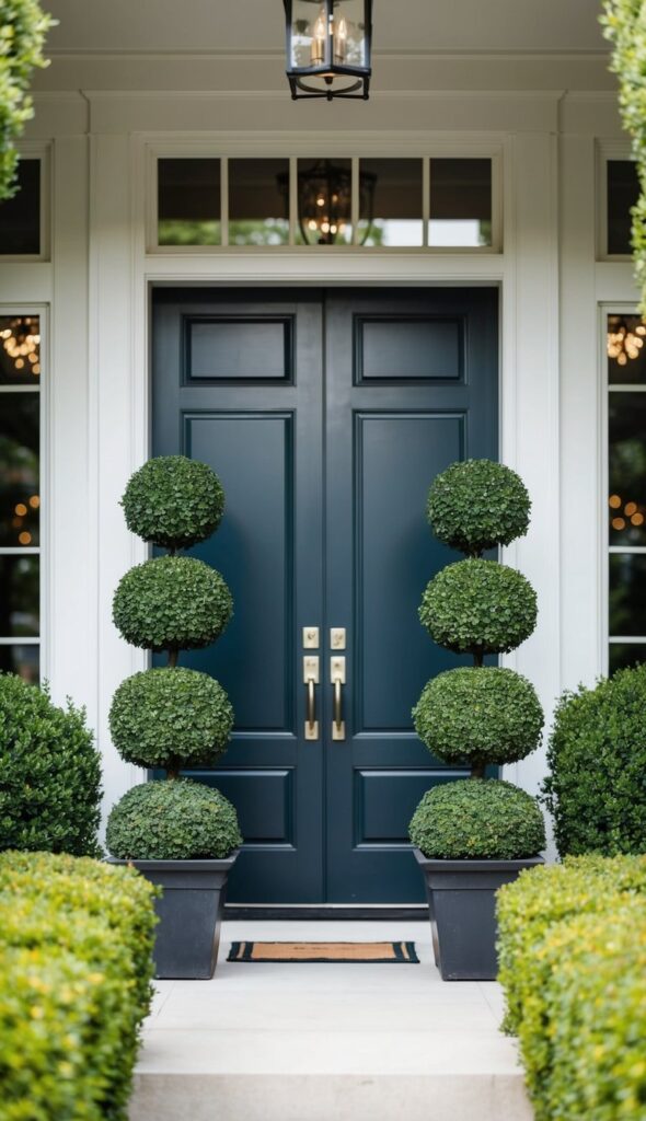 Two symmetrical topiaries flank the door, adding a touch of elegance to the outdoor entryway