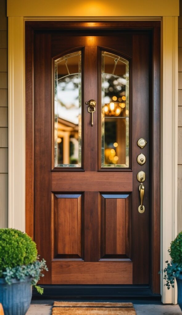 A warmly lit front door with richly stained wood and a polished brass doorknob welcomes visitors to a cozy outdoor entryway