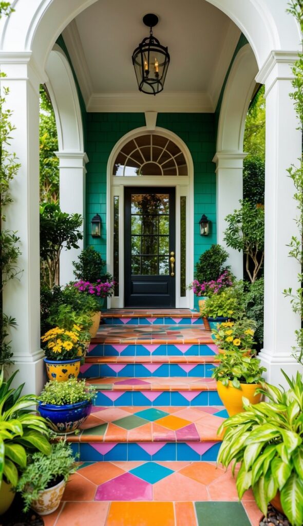 Vibrant step tiles lead to a welcoming outdoor entryway, surrounded by lush greenery and colorful potted plants