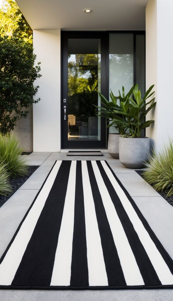 A black and white striped outdoor rug sits at the entryway of a modern home, contrasting with the greenery and concrete