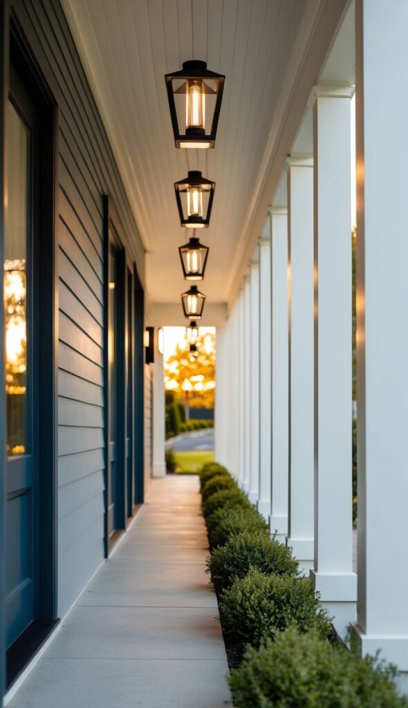 A front porch with a row of sleek, modern lantern-style outdoor lighting fixtures mounted along the entryway, casting a warm glow on the pathway