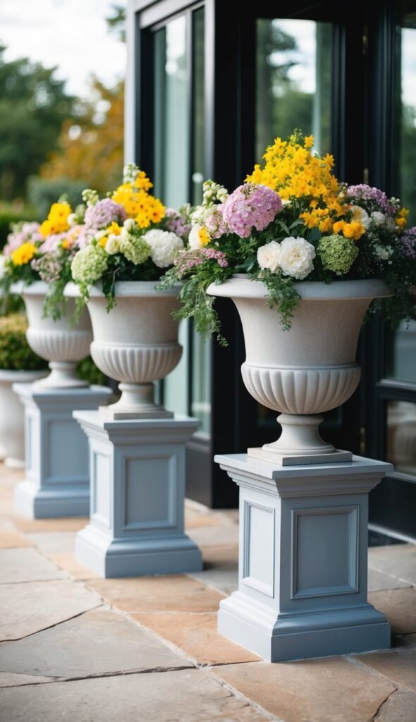 Urns filled with seasonal flowers sit atop plinths in an outdoor entryway