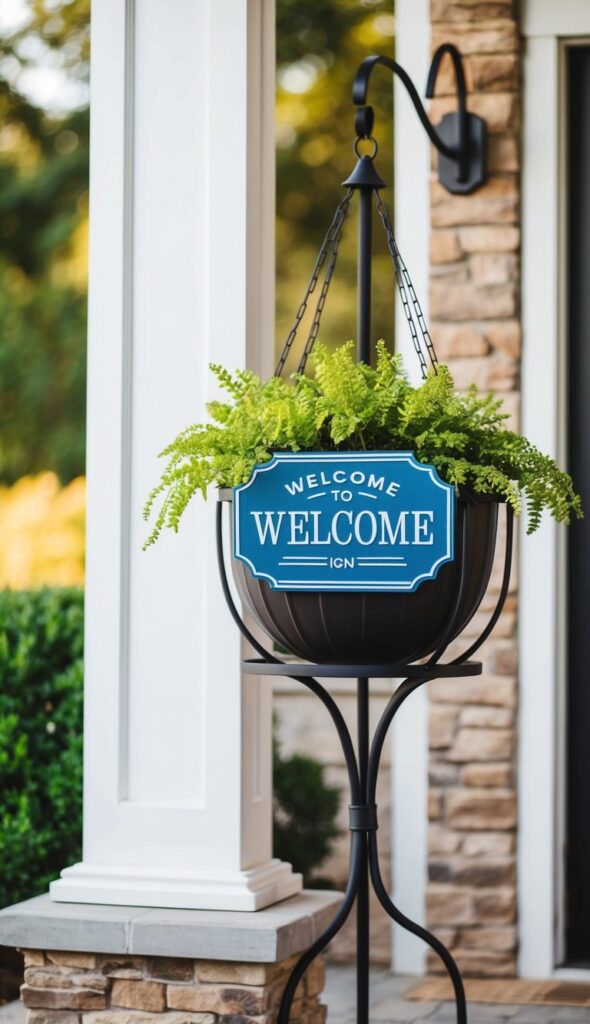 A hanging planter stand with a decorative welcome sign adorns the outdoor entryway