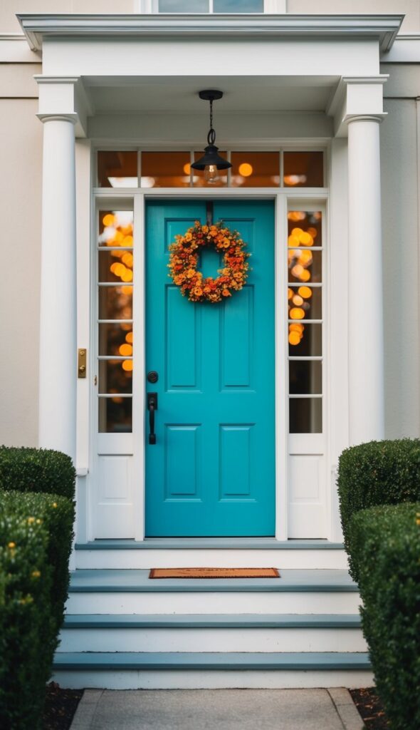 A vibrant, eye-catching front door stands out against a neutral exterior, drawing attention and making a bold statement