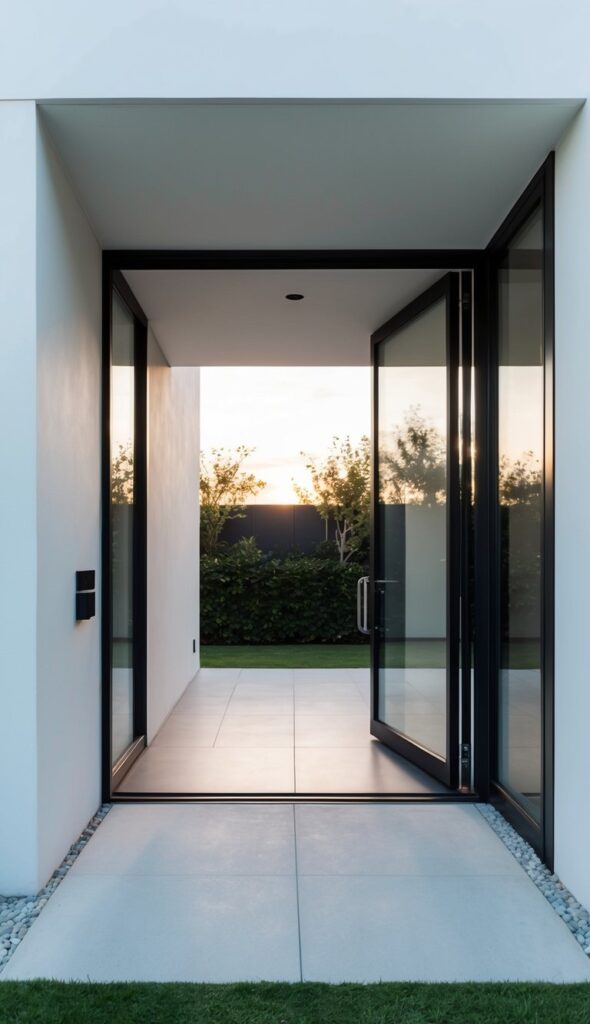 The outdoor entryway features a sleek, modern design with open windows and clean lines, creating a minimalist and inviting atmosphere