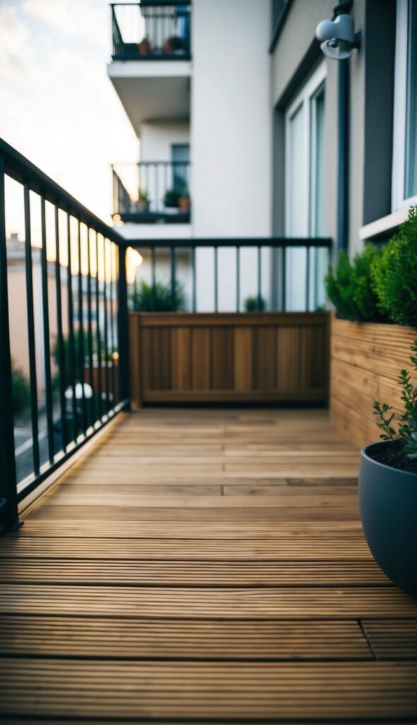 Wooden deck tiles laid out on a small apartment balcony, creating a warm and inviting flooring upgrade