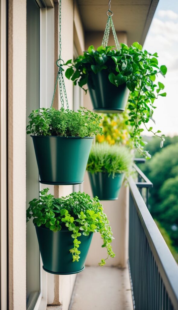 Vertical garden planters hang from a small apartment balcony, filled with lush greenery, maximizing the limited space