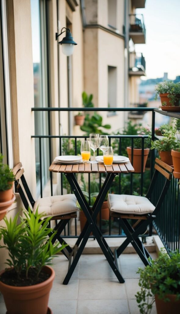 A small balcony with a foldable bistro table set for dining, surrounded by potted plants and cozy seating
