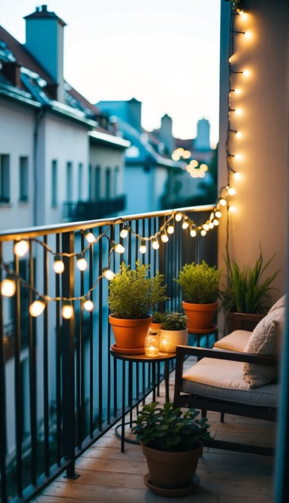 String lights drape around a small balcony, casting a warm glow on potted plants and cozy seating