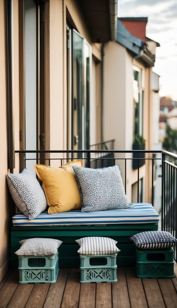 Milk crate seating with cushions and pillows arranged on a small balcony