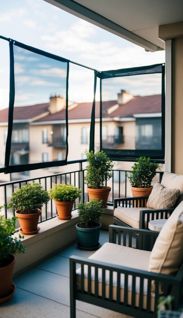 A small balcony with privacy screens hung up for seclusion, with potted plants and cozy outdoor furniture