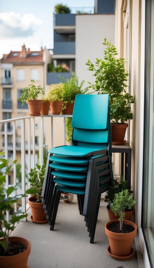 Compact, stackable chairs arranged neatly on a small balcony, surrounded by potted plants and a small table, maximizing space in an apartment setting
