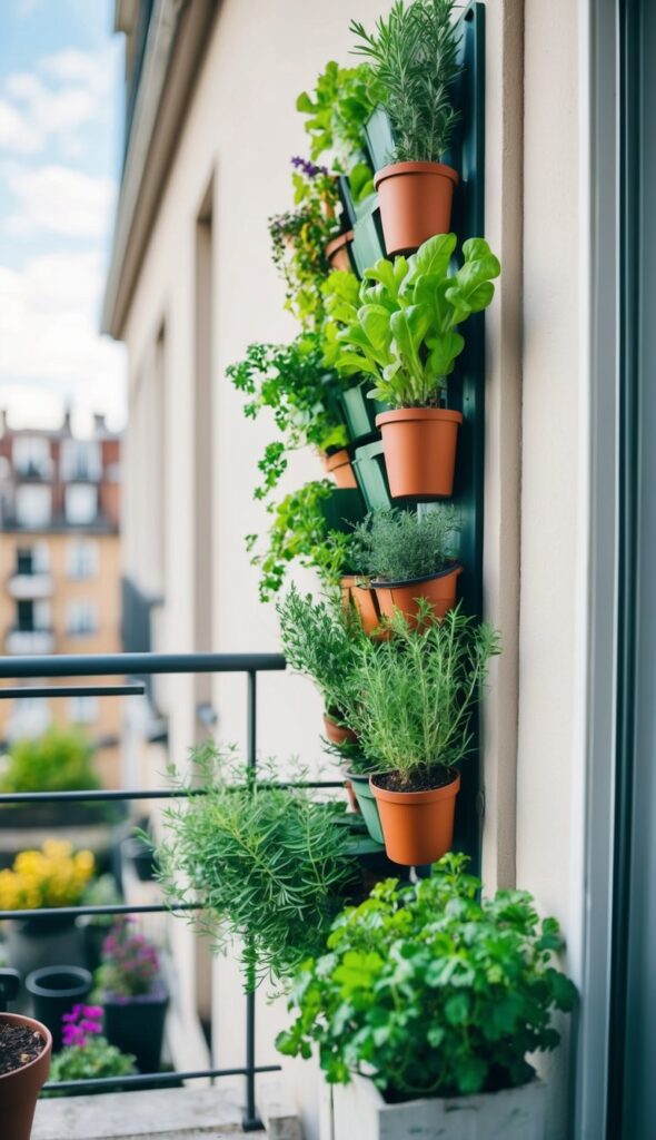 A small balcony with a variety of potted herbs arranged in a vertical planter, creating a mini herb garden against the apartment wall