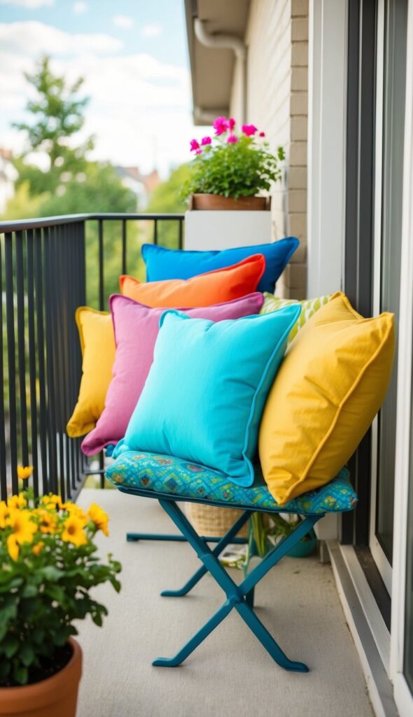 Colorful outdoor throw pillows adorn a small balcony, adding vibrancy to the cozy apartment space