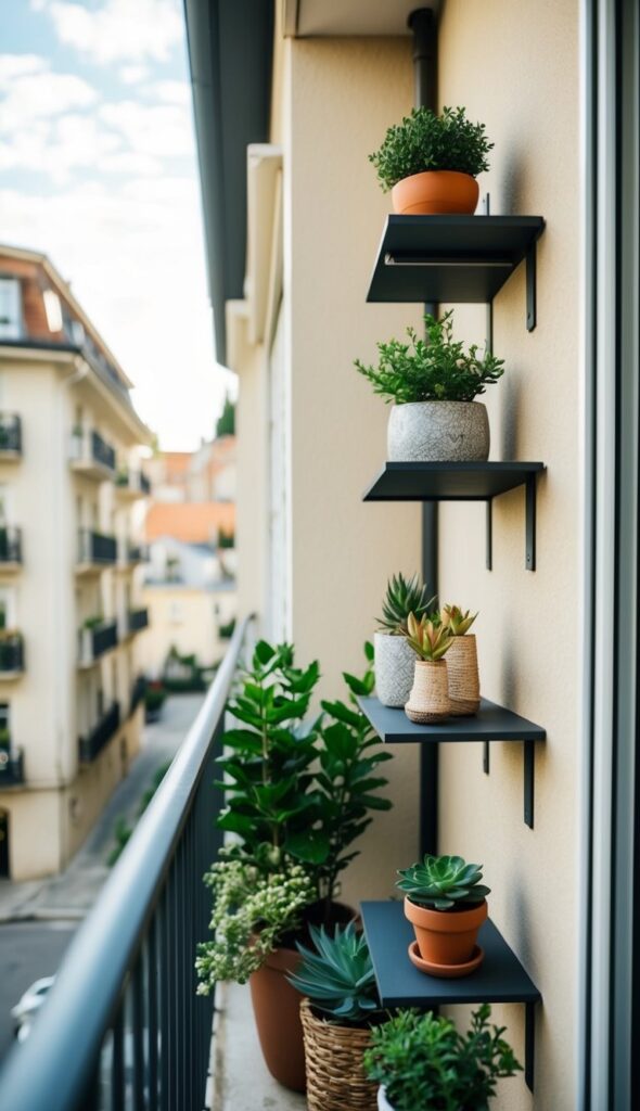 A small balcony with wall-mounted shelves holding decor and plants