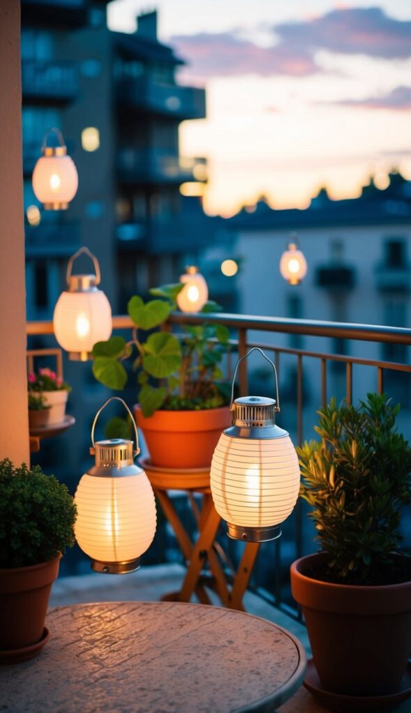 Lightweight lanterns softly illuminate a cozy apartment balcony with potted plants and small furniture