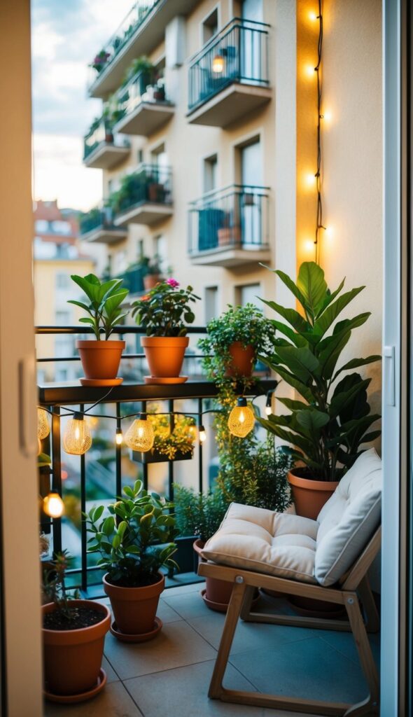 A cozy apartment balcony with potted plants, string lights, and small furniture for relaxation and entertainment