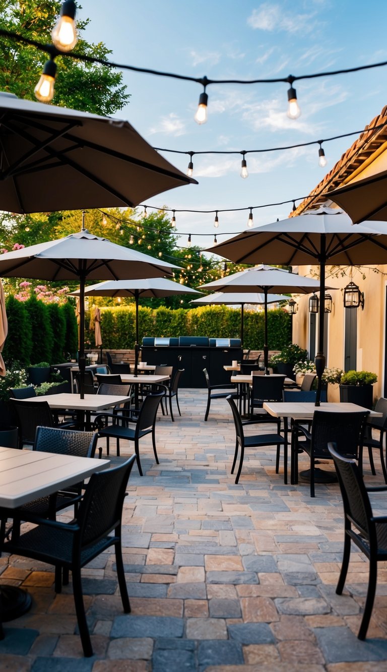 A patio with a variety of dining layouts, including tables, chairs, umbrellas, and decorative lighting