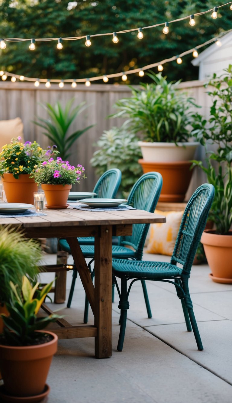 A cozy patio set with a rustic wooden table, surrounded by vibrant potted plants and soft string lights, creating a warm and inviting dining atmosphere