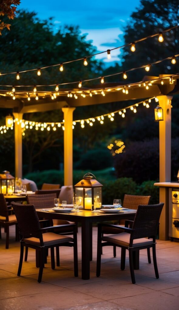 A cozy patio dining area illuminated by string lights and lanterns, creating a warm and inviting ambiance for a relaxing evening meal