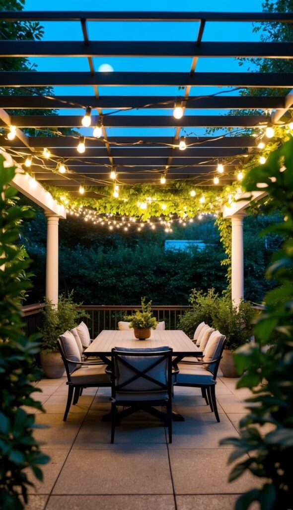 A cozy patio with a pergola casting dappled shade over a dining table surrounded by lush greenery and twinkling string lights