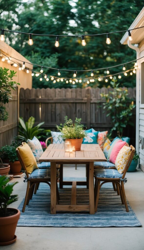 A cozy outdoor patio with string lights, a wooden dining table, and chairs surrounded by potted plants and colorful cushions