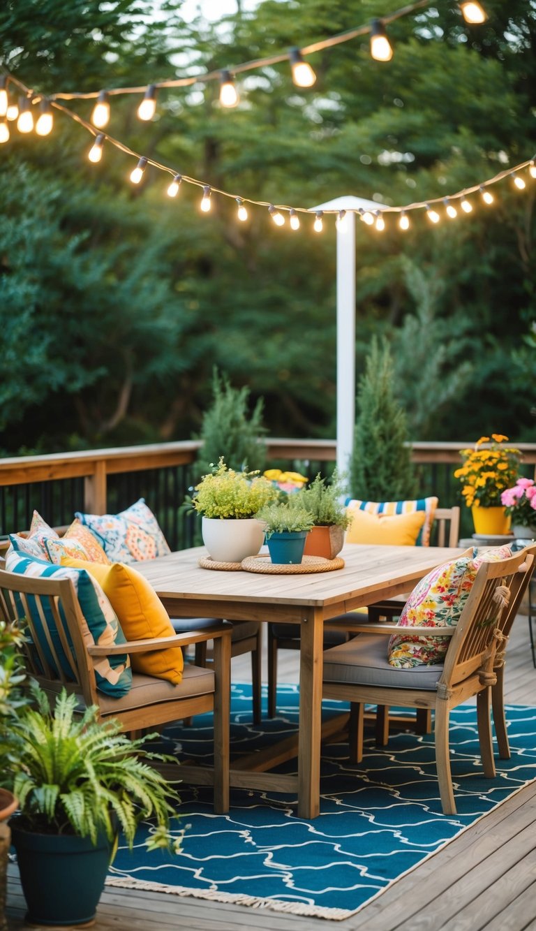 A patio set with a wooden table, surrounded by chairs, adorned with colorful cushions and a variety of potted plants. Overhead, a string of twinkling lights creates a cozy ambiance