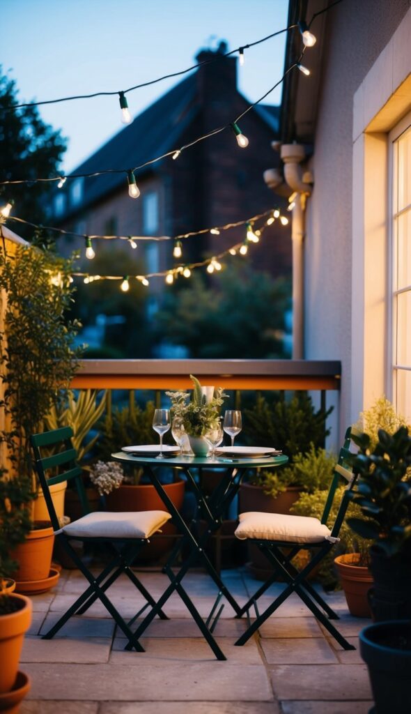 A cozy patio with a bistro table set for two, surrounded by potted plants and strung with fairy lights for a romantic evening meal