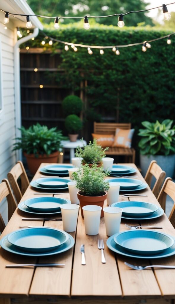 A patio with a wooden table set with reusable plates, cups, and cutlery. Solar-powered string lights and potted plants decorate the space
