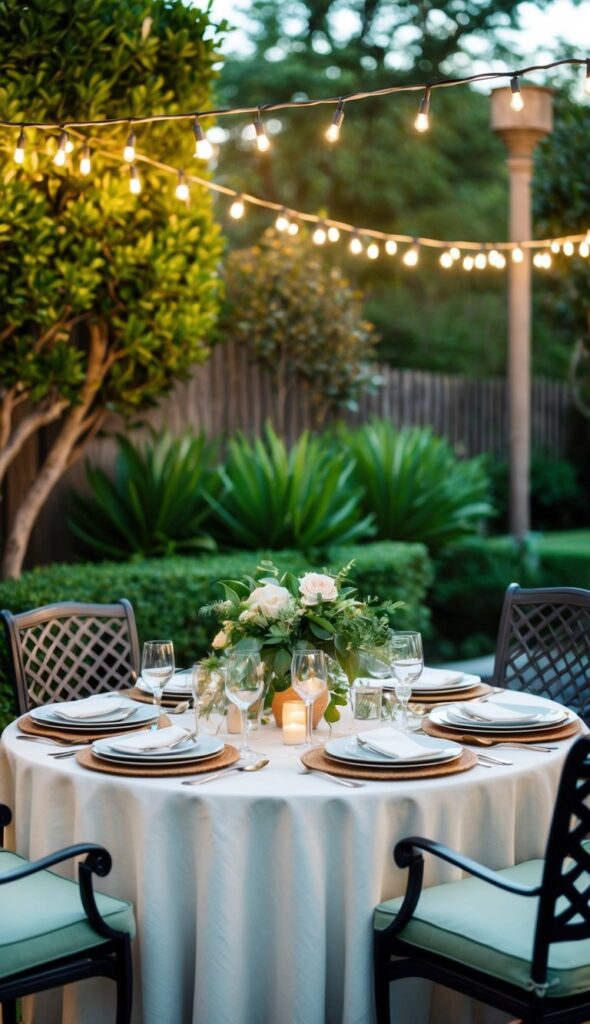 A patio table set with elegant dinnerware and surrounded by lush greenery, with soft string lights overhead creating a warm and inviting ambiance for outdoor dining