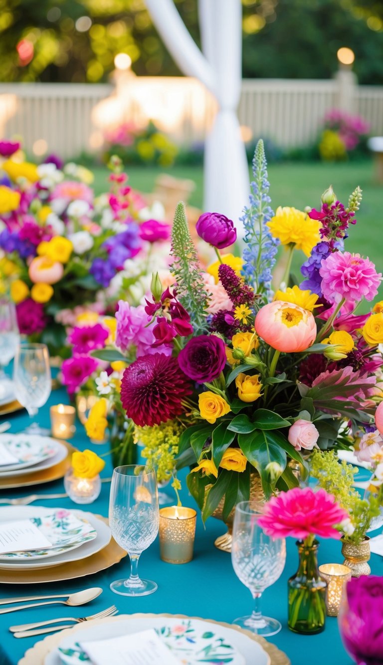 A table adorned with vibrant floral centerpieces, showcasing an array of seasonal blooms in a garden party setting