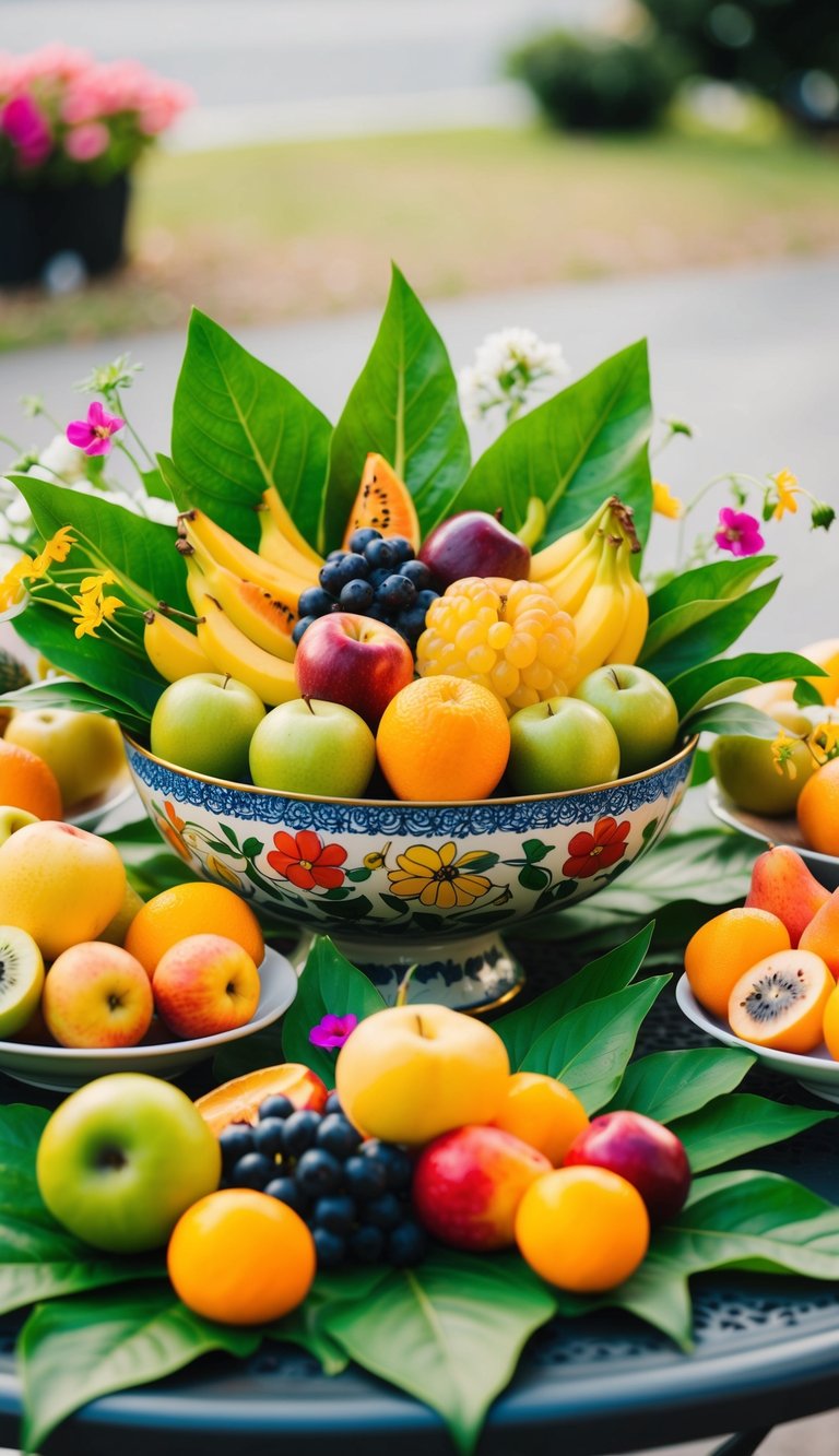 A colorful array of assorted fresh fruits arranged in a decorative bowl, surrounded by vibrant green leaves and flowers, set on a table outdoors