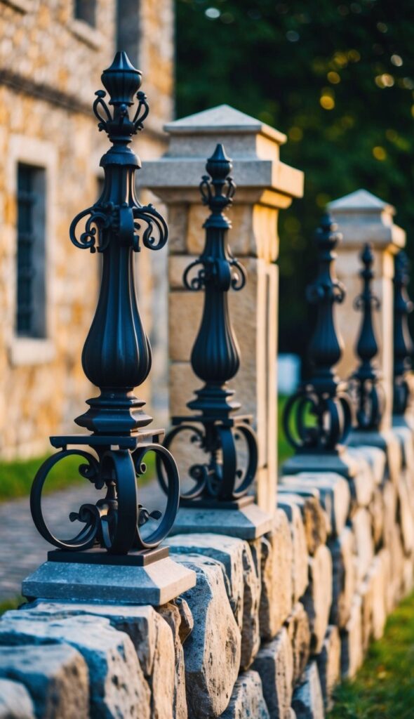 Stone pillars adorned with intricate wrought iron accents stand tall, flanking a rustic stone fence. The combination of sturdy materials creates a timeless and elegant boundary